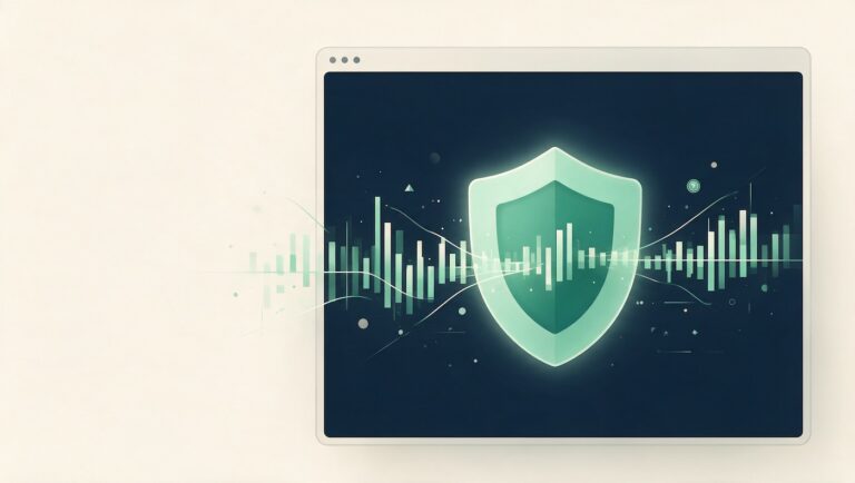 Illustration eines Browserfensters mit Schutzschild-Symbol, durch das Balkendiagramm-Linien fließen — Symbolbild für datenschutzkonforme Web-Analyse.