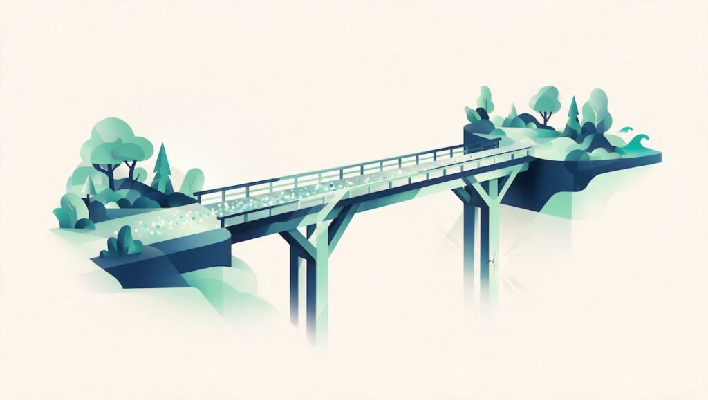 Illustration einer Brücke mit fließendem Datenstrom zwischen zwei Landmassen, eine Stütze mit feinem Rissmarker — Symbolbild für das EU-US Data Privacy Framework als aktuell stabile, aber angespannte Rechtsgrundlage.