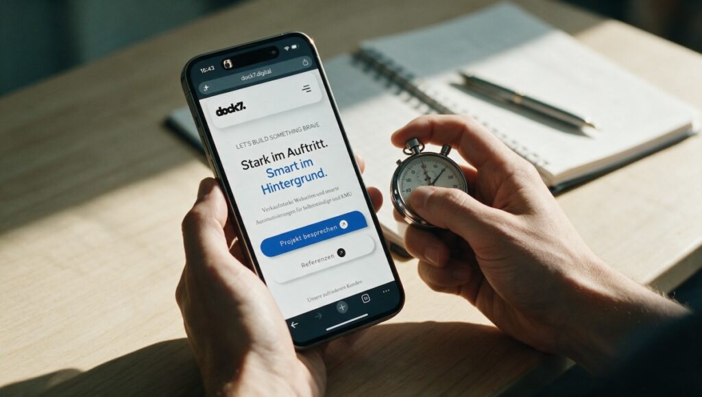 Person hält Smartphone und Stoppuhr für den 5-Sekunden-Test einer Website