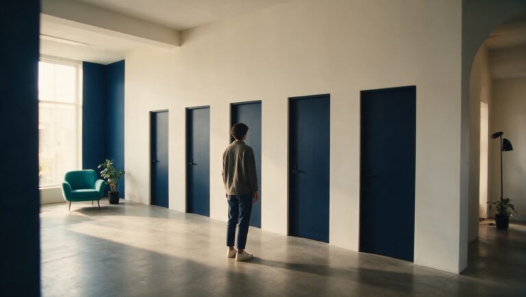 Person steht unentschlossen vor fünf identischen Türen in einem modern gestalteten Raum – Sinnbild für eine schön designte Website ohne klare Handlungsführung
