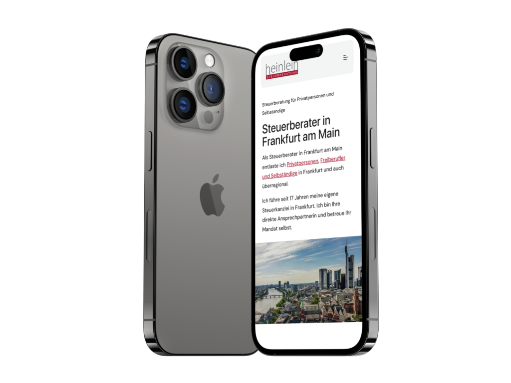 iPhone 14 Pro Mockup mit Startseite der Steuerberatung Heinlein