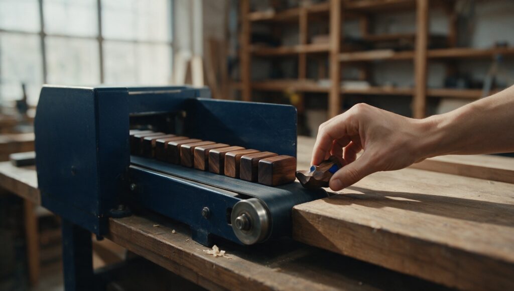 Förderband mit gleichförmigen Holzteilen endet an einer Werkbank, eine Hand hält ein unregelmäßiges Teil