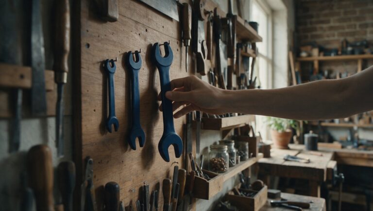 Hand wählt einen von drei unterschiedlich großen Schraubenschlüsseln an einer Werkstattwand aus