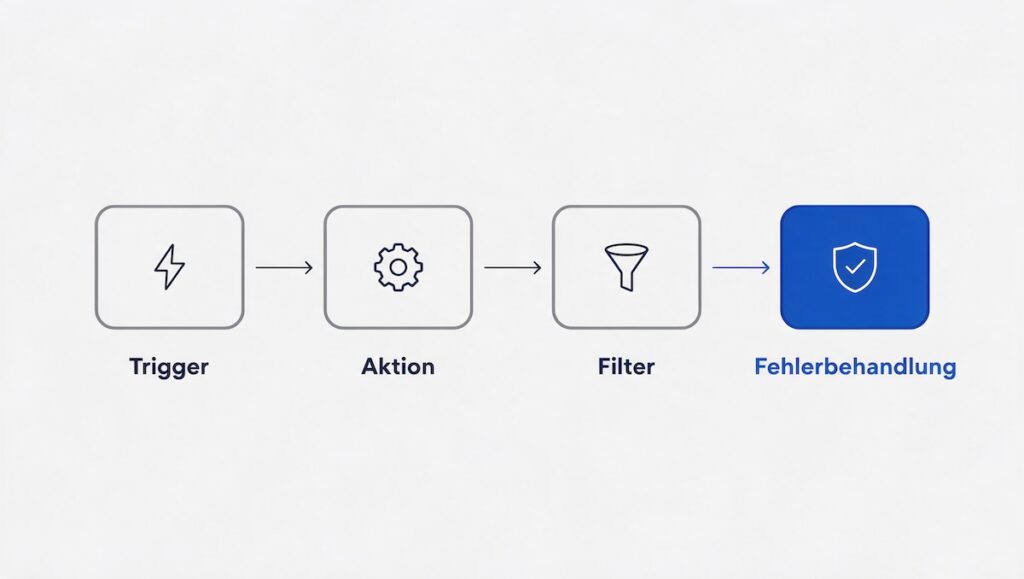 Vier Workflow-Bausteine im Ablauf: Trigger, Aktion, Filter und Fehlerbehandlung, verbunden durch Pfeile.