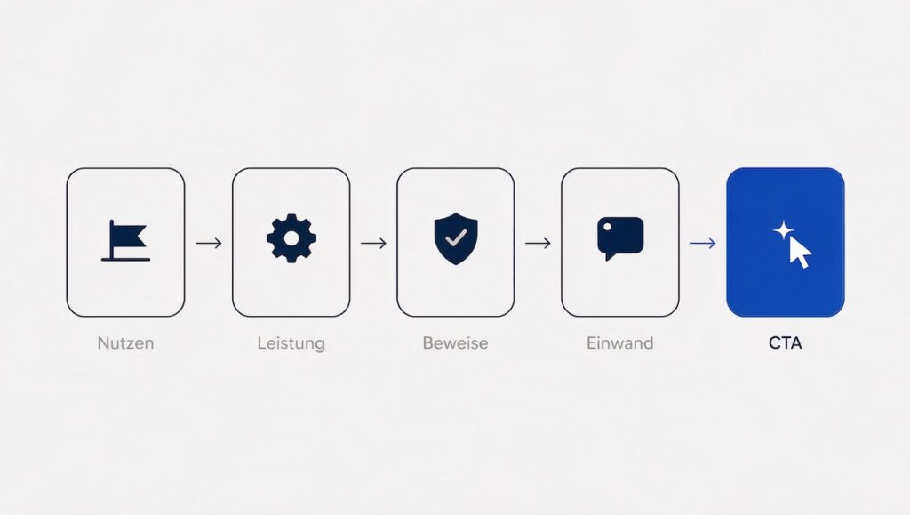 Fünf-Schritte-Workflow einer Landingpage: Nutzenversprechen, Leistung, Beweise, Einwand, finaler Call-to-Action.