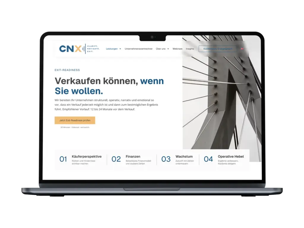 Neue Website von CNX Transaction Partners auf dem MacBook – Exit-Readiness