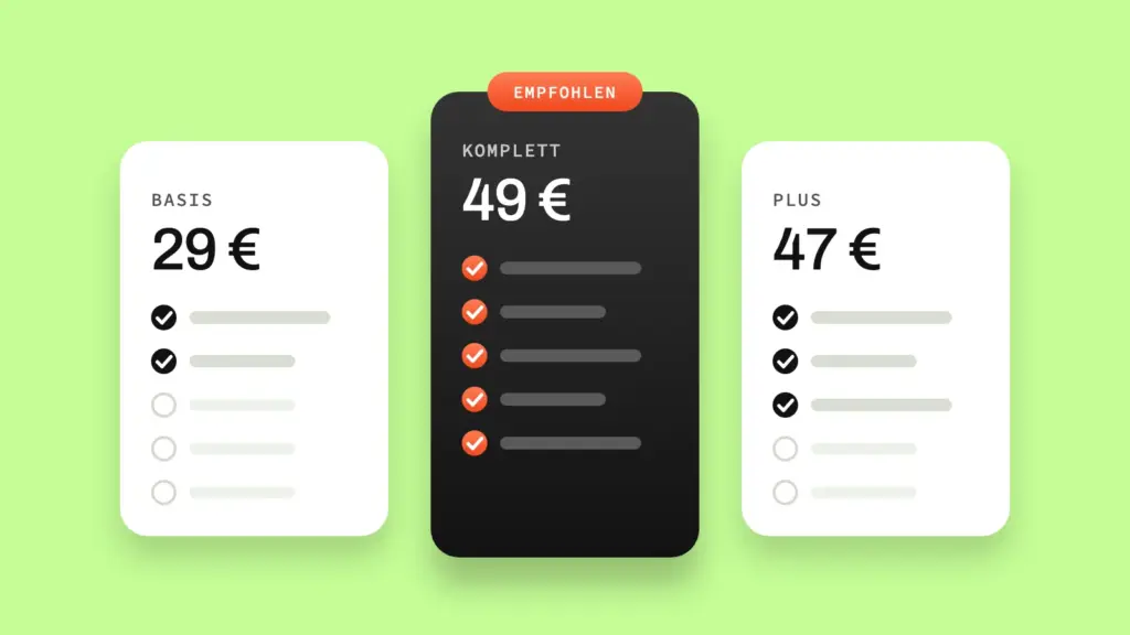 Drei Preisstufen: Basis 29 €, hervorgehobenes Paket Komplett 49 € und Plus 47 € mit weniger Leistungen