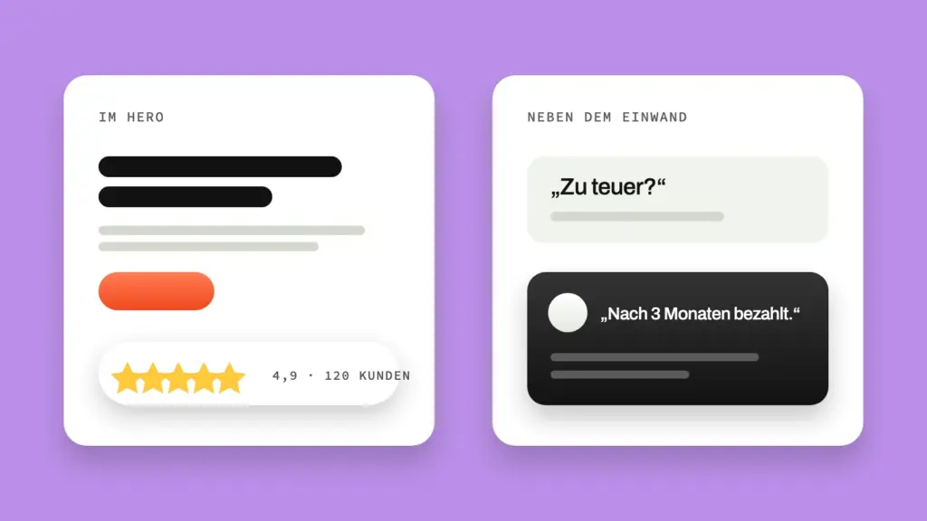 Two wireframe excerpts showing social proof in the hero section and right next to an objection further down the page.